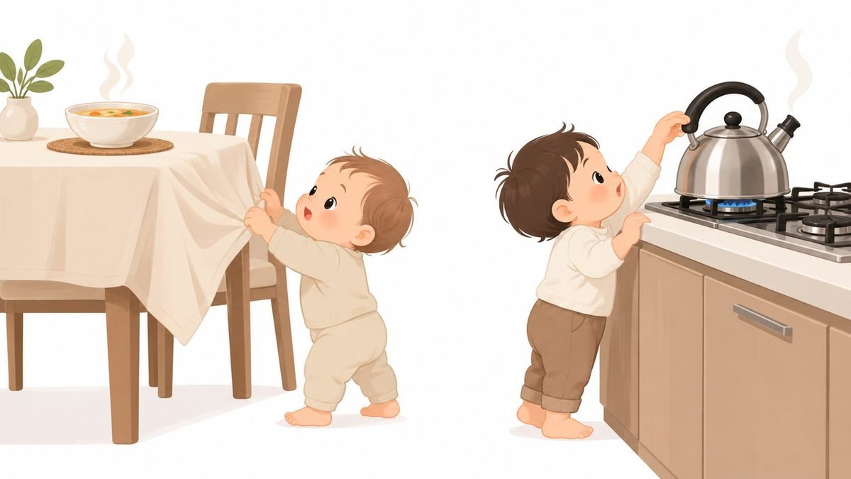 식탁보를 당기는 아기와 조리대 위 주전자에 손을 뻗는 아이 그림